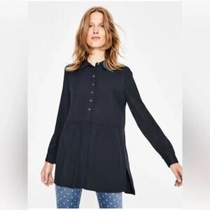 Women's Size 16L Boden Navy Button Up Tunic Drop Waist Blouse Side Slit Dress
